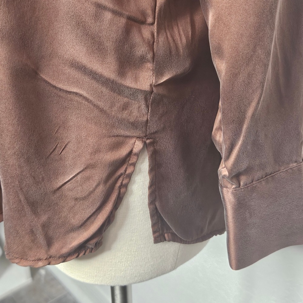 Joie Silk Button Front Blouse Copper Brown Long Sleeve Notched Collar Washable M - Picture 4 of 9